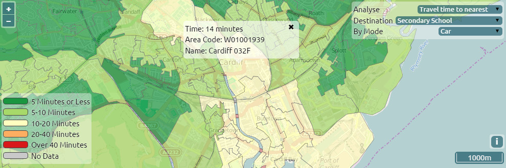 Map showing travel time access to nearest Secondary School in Cardiff.