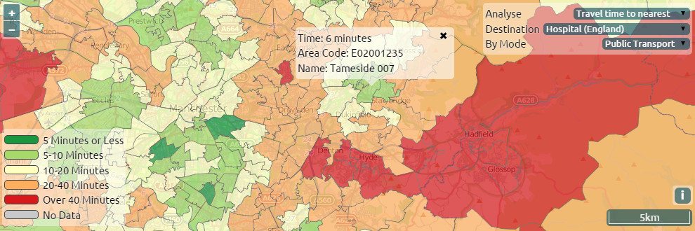 Map showing travel time access to nearest hospital for east Greater Manchester by public transport.