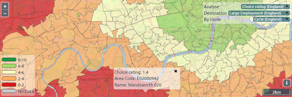Map showing choice of large (5000+ employees) sites by cycle, along the river Thames.